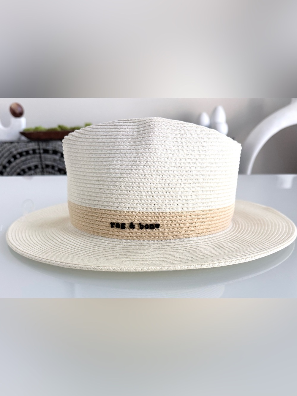 Rag & Bone City Straw Fedora Hat Cream Logo Band Size S New - Picture 2 of 9